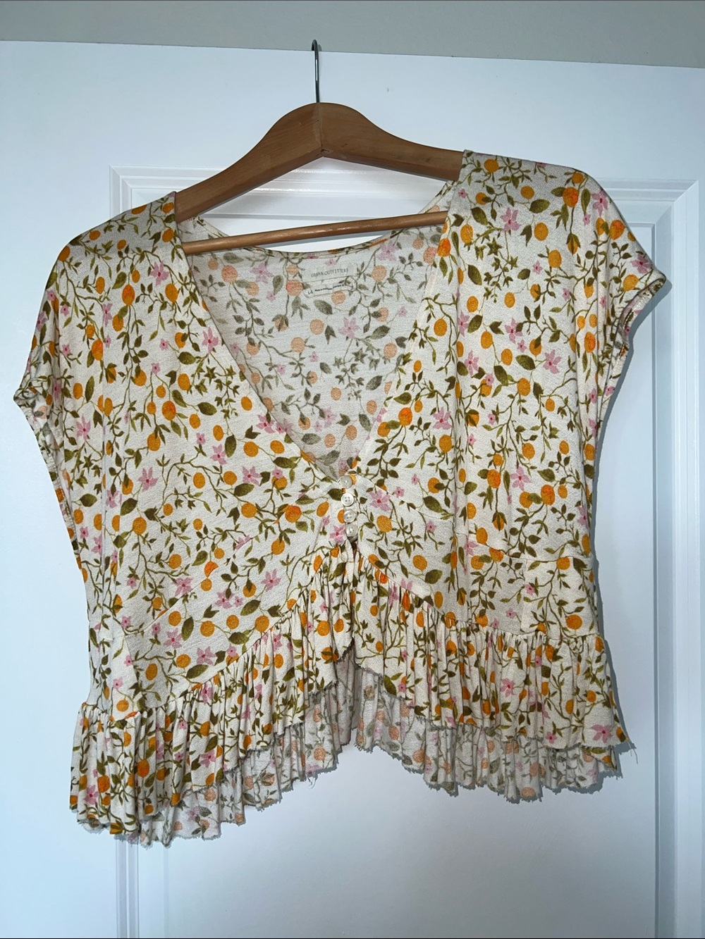 Urban Outfitters Floral Ruffle Hem V-Neck Crop Top - Cream with Pink & Orange